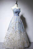 Blue Strapless Ombre Tulle Long Prom Dresses, A-Line Evening Dresses HZ0429