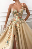 Champagne Tulle Appliques Long Prom Dresses, A-Line Evening Dresses with Slit HZ0429