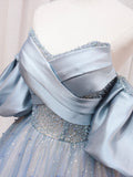 Blue Puff Sleeve Long A-Line Prom Dress, Off the Shoulder Formal Evening Dress HZ0429