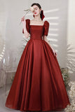 Burgundy Satin Long Prom Dresses, A-Line Short Sleeve Evening Dresses HZ0429
