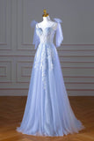 Blue Spaghetti Strap Tulle Lace Long Prom Dress, A-Line Evening Party Dress HZ0429