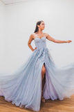 Blue Lace and Tulle Long Prom Dresses, A-Line Strapless Evening Dresses HZ0429