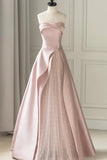 Pink Strapless Satin Floor Length Prom Dress, A-Line Formal Evening Dress HZ0429