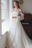 White Tulle Off the Shoulder Prom Dress, A-Line Long Sleeve Evening Dress HZ0429