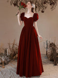 Burgundy Velvet Floor Length Prom Dress, Burgundy Short Sleeve Formal Dress HZ0429