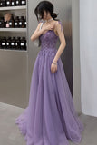 Purple Lace Long Prom Dresses, A-Line Purple Evening Graduation Dresses HZ0429