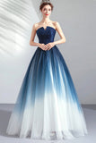 Blue Gradient Tulle Long Party Dresses, A-Line Elegant Lace-Up Prom Dresses HZ0429