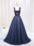 Blue Tulle Beaded Long Prom Dress, Blue Evening Party Dress HZ0429