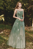 Green Spaghetti Strap Tulle Lace Long Prom Dress, Lovely A-Line Evening Dress HZ0429