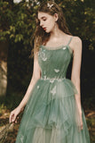 Green Spaghetti Strap Tulle Lace Long Prom Dress, Lovely A-Line Evening Dress HZ0429