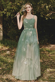 Green Spaghetti Strap Tulle Lace Long Prom Dress, Lovely A-Line Evening Dress HZ0429