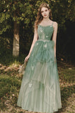 Green Spaghetti Strap Tulle Lace Long Prom Dress, Lovely A-Line Evening Dress HZ0429