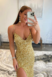 Mermaid Sequins Long Prom Dresses, V-Neck Evening Dresses HZ0429