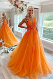 Orange Tulle Lace Long Prom Dresses, V-Neck Evening Dresses HZ0429