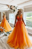 Orange Tulle Lace Long Prom Dresses, V-Neck Evening Dresses HZ0429