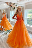 Orange Tulle Lace Long Prom Dresses, V-Neck Evening Dresses HZ0429