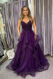 A-Line Tulle Beaded Long Dresses, Spaghetti Strap Evening Dresses HZ0429
