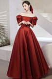 Burgundy Satin Long Prom Dresses, A-Line Short Sleeve Evening Dresses HZ0429