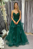 A-Line Tulle Beaded Long Dresses, Spaghetti Strap Evening Dresses HZ0429