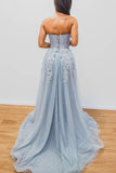 Blue Lace and Tulle Long Prom Dresses, A-Line Strapless Evening Dresses HZ0429