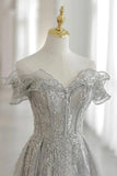Grey Tulle Sequins Long A-Line Prom Dresses, Off the Shoulder Evening Dresses HZ0429