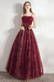 Burgundy A-Line Tulle Long Prom Dress, Burgundy Evening Party Dress HZ0429