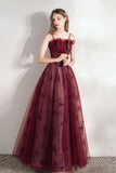 Burgundy A-Line Tulle Long Prom Dress, Burgundy Evening Party Dress HZ0429