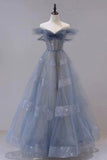 A-Line Off Shoulder Layers Tulle Long Evening Dress, Blue Formal Dress HZ0429
