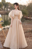 Cute Tulle Long A-Line Prom Dresses, Champagne Lace-Up Party Dresses HZ0429