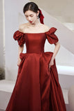 Burgundy Satin Long Prom Dresses, A-Line Short Sleeve Evening Dresses HZ0429