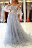Gray Spaghetti Strap Long Prom Dresses, A-Line Evening Dress HZ0429