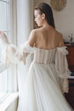 White Tulle Off the Shoulder Prom Dress, A-Line Long Sleeve Evening Dress HZ0429
