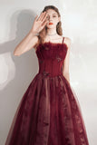 Burgundy A-Line Tulle Long Prom Dress, Burgundy Evening Party Dress HZ0429