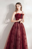 Burgundy A-Line Tulle Long Prom Dress, Burgundy Evening Party Dress HZ0429