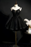 Black Tulle Short Prom Dress, Lovely A-Line Spaghetti Strap Party Dress HZ0429