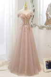 Pink Tulle Sequins Long Prom Dresses, A-Line Off the Shoulder Evening Dresses HZ0429