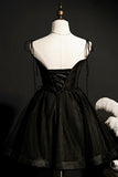 Black Tulle Short Prom Dress, Lovely A-Line Spaghetti Strap Party Dress HZ0429