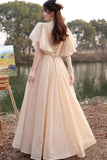 Cute Tulle Long A-Line Prom Dresses, Champagne Lace-Up Party Dresses HZ0429