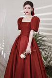 Burgundy Satin Long Prom Dresses, A-Line Short Sleeve Evening Dresses HZ0429