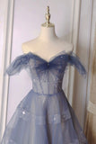 A-Line Off Shoulder Layers Tulle Long Evening Dress, Blue Formal Dress HZ0429