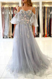 Gray Spaghetti Strap Long Prom Dresses, A-Line Evening Dress HZ0429