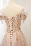 Pink Tulle Sequins Long Prom Dresses, A-Line Off the Shoulder Evening Dresses HZ0429