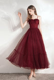 Burgundy Tulle Sequins Tea Length Prom Dress, A-Line Party Dress HZ0429