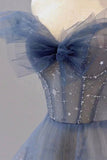 A-Line Off Shoulder Layers Tulle Long Evening Dress, Blue Formal Dress HZ0429