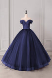 Navy Blue Floor Length Prom Dress with Black Dotted Tulle Overlay Off Shoulder Formal Evening Gown HZ0429