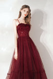 Burgundy Tulle Sequins Tea Length Prom Dress, A-Line Party Dress HZ0429