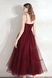Burgundy Tulle Sequins Tea Length Prom Dress, A-Line Party Dress HZ0429