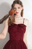 Burgundy Tulle Sequins Tea Length Prom Dress, A-Line Party Dress HZ0429