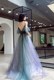 A-Line Ombre Tulle Long Prom Dress, V-Neck Evening Dress HZ0429