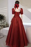 Burgundy Satin Long Prom Dresses, A-Line Short Sleeve Evening Dresses HZ0429